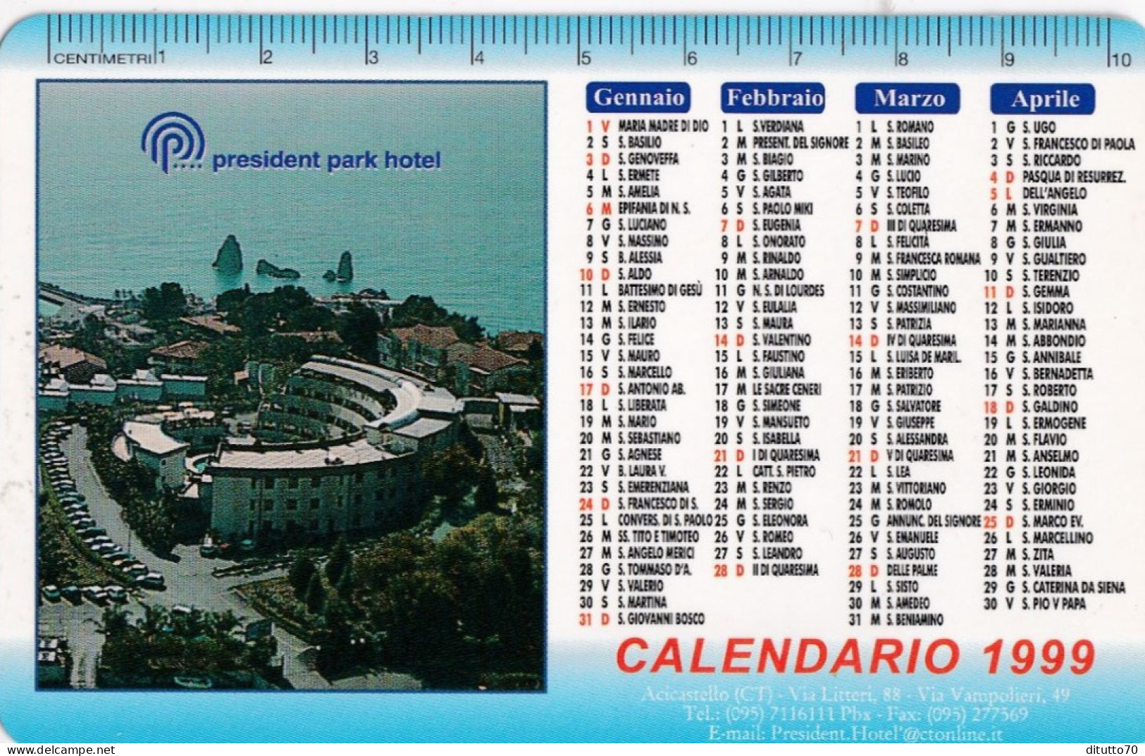 Calendarietto - Presidnt Park Hotel - Anno  1999 - Small : 1991-00