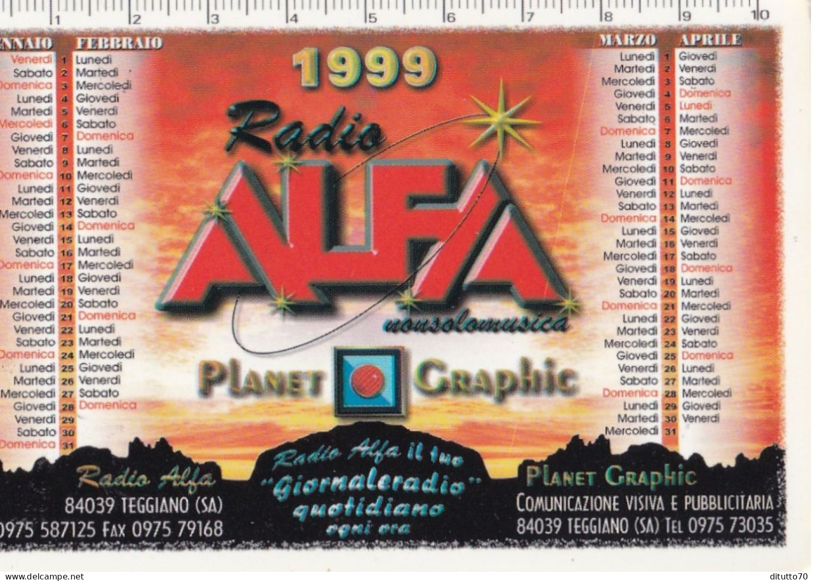 Calendarietto - RADIO - ALFA - Teggiano - Salerno - Anno 1999 - Formato Piccolo : 1991-00