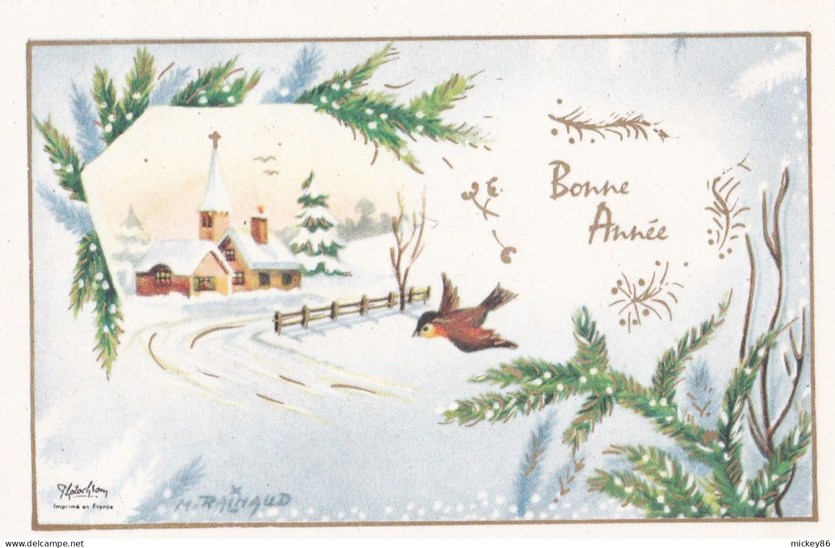 Nouvel An -Bonne Année--mignonnette Signée RAYNAUD-Paysage De Neige-oiseau- - Nouvel An