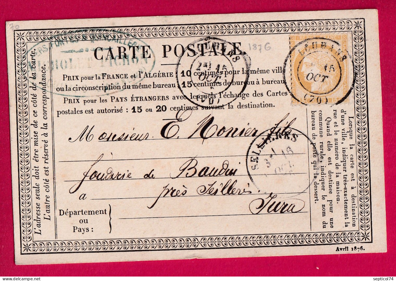 N°55 CAD LOUHANS SAONE ET LOIRE POUR SELLIERES JURA CARTE PRECURSEUR LETTRE - 1849-1876: Klassik