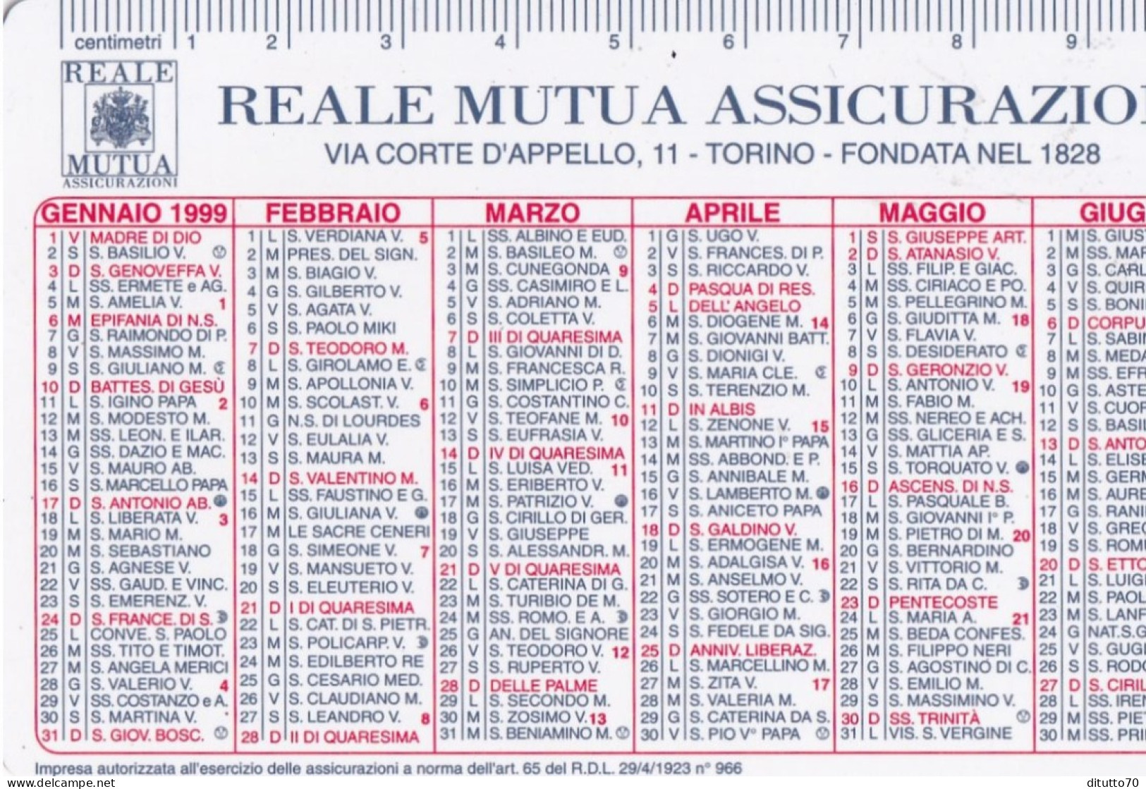 Calendarietto - Reale Mutua - Assicurazioni - Torino - Anno 1999 - Petit Format : 1991-00