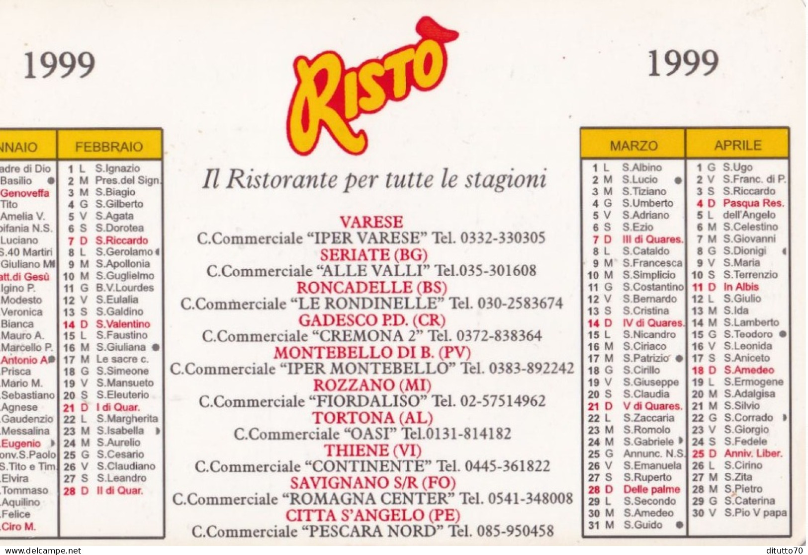 Calendarietto - RISTO - Il Ristorante Per Tutte Le Stagioni - Anno 1999 - Small : 1991-00