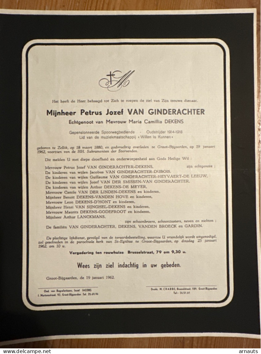 Petrus Jozef Van Ginderachter Echtg Dekens Maria Camilla *1880 Zellik +1962 Groot-Bijgaarden Spoorwegbediende Gardin - Obituary Notices