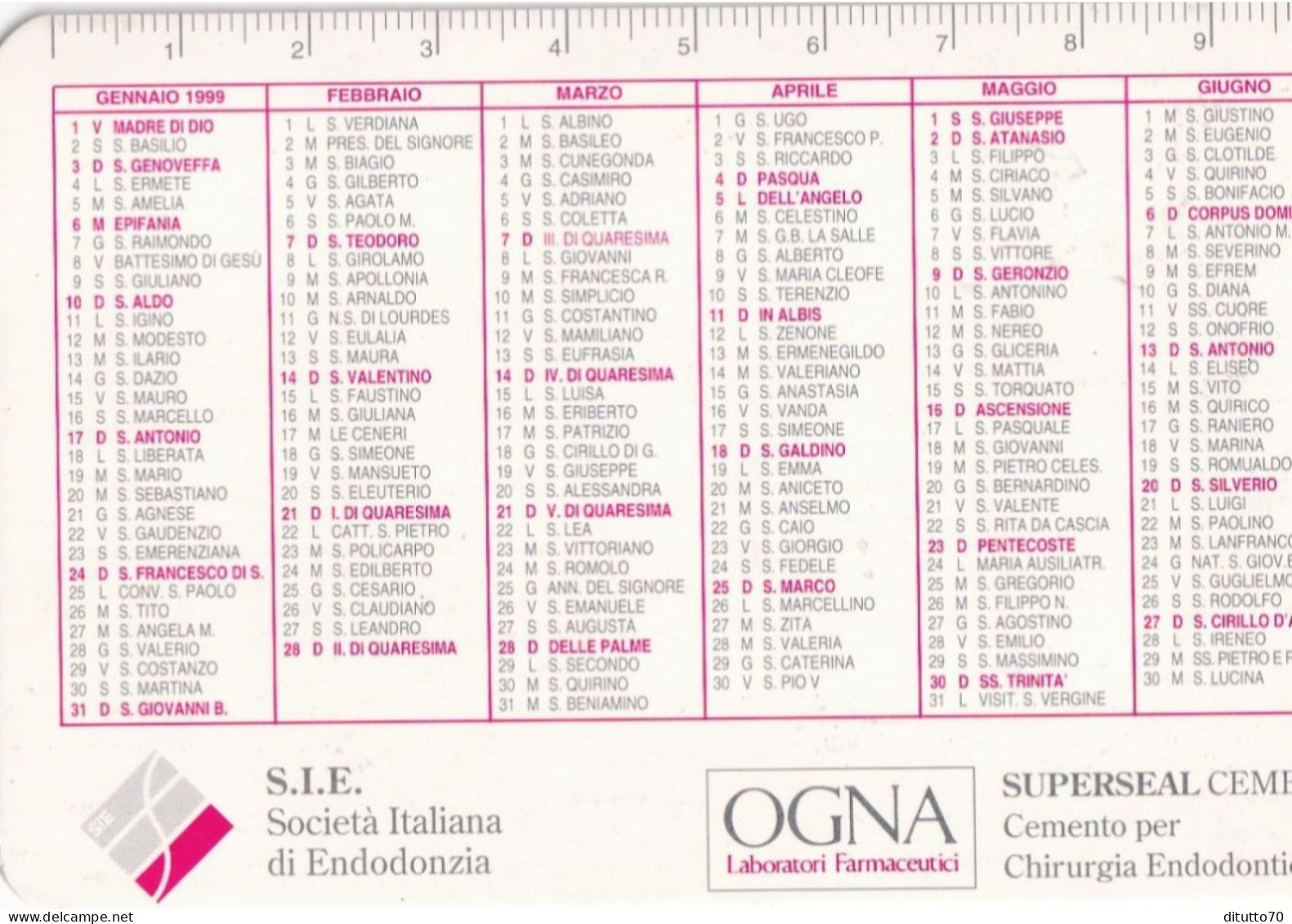 Calendarietto - S.I.E. - Società Italiana Di Endodonzia - Anno 1999 - Petit Format : 1991-00