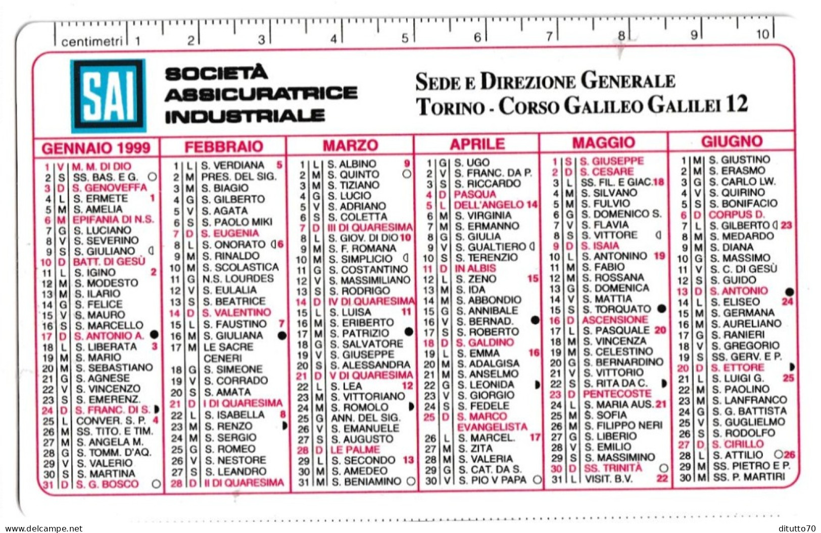 Calendarietto - Sai - Società Assicuratrice Industriale- Torino - Anno 1999 - Tamaño Pequeño : 1991-00