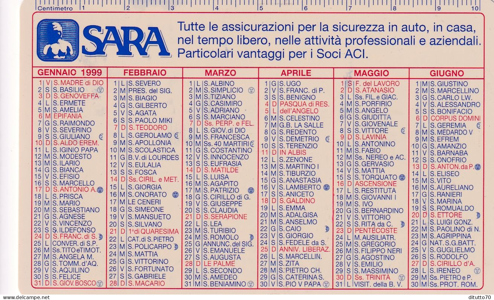 Calendarietto - SARA - Vita - Anno 1999 - Klein Formaat: 1991-00