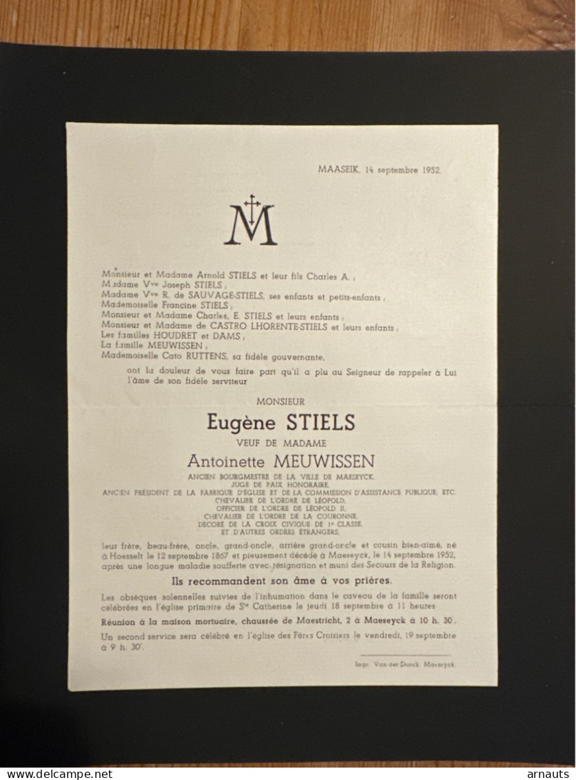 Eugene Stiels Veuf Meuwissen Antoinette Bourgmestre Maaseik Juge De Paix *1867 Hoeselt +1952 Maaseik De Sauvage Castro - Obituary Notices