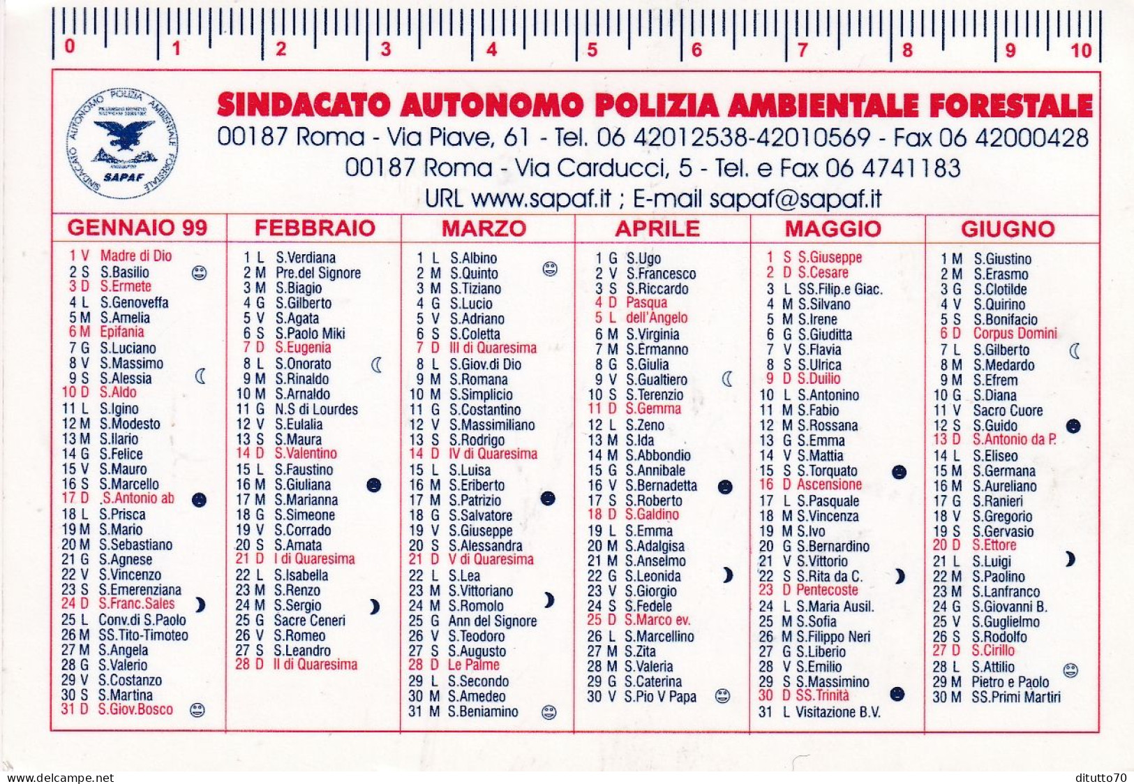 Calendarietto - Sindacato Autonomo Polizia Ambientale Forestale - Roma - Anno 1999 - Klein Formaat: 1991-00