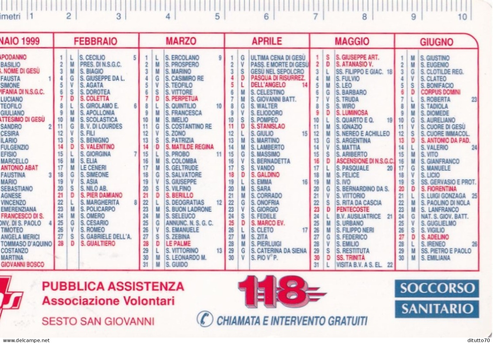 Calendarietto - Sos 118 - Sesto San Giovanni - Anno 1999 - Tamaño Pequeño : 1991-00