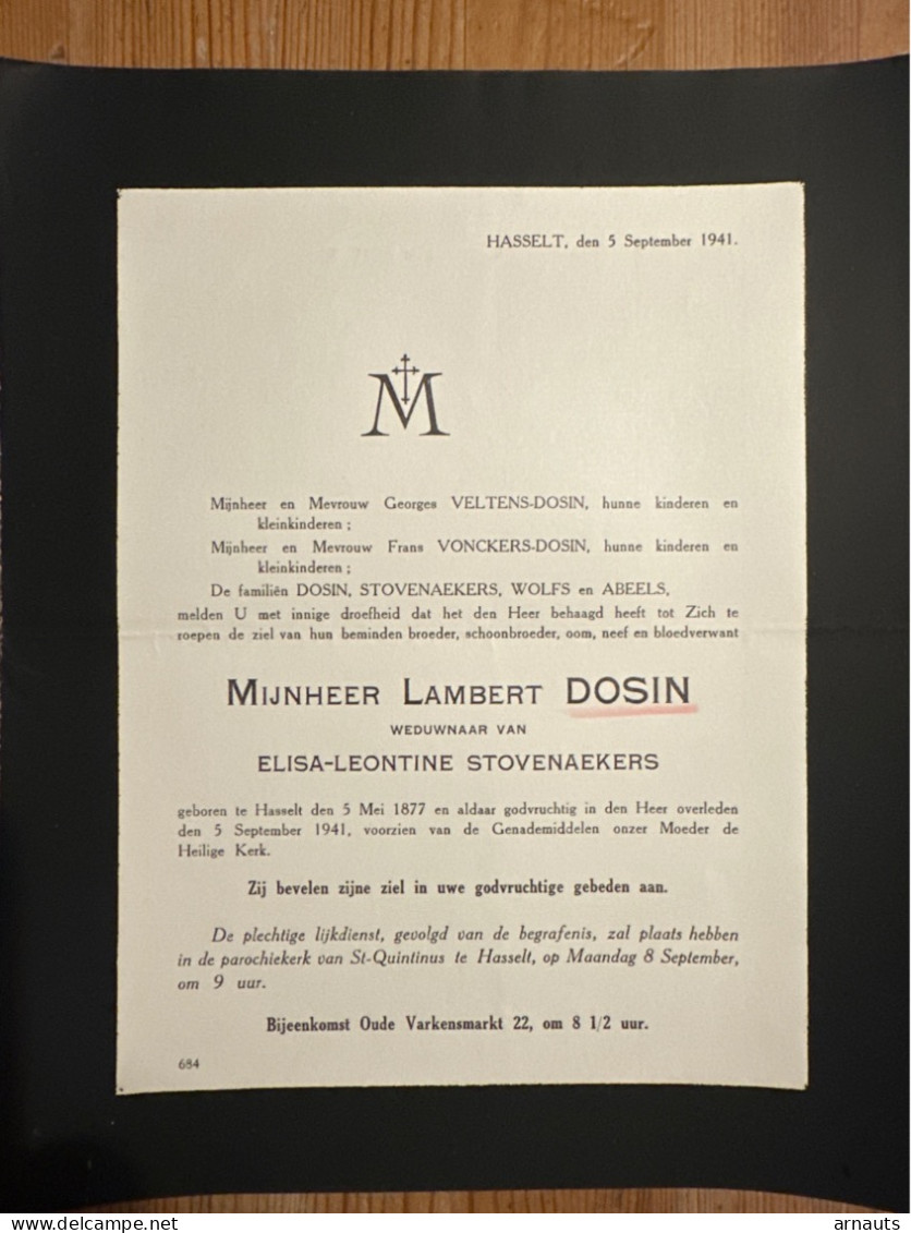 Lambert Dosin Wed Stovenaekers Elisa *1877 Hasselt +1941 Hasselt Veltens Vonckers Wolfs Abeels - Todesanzeige