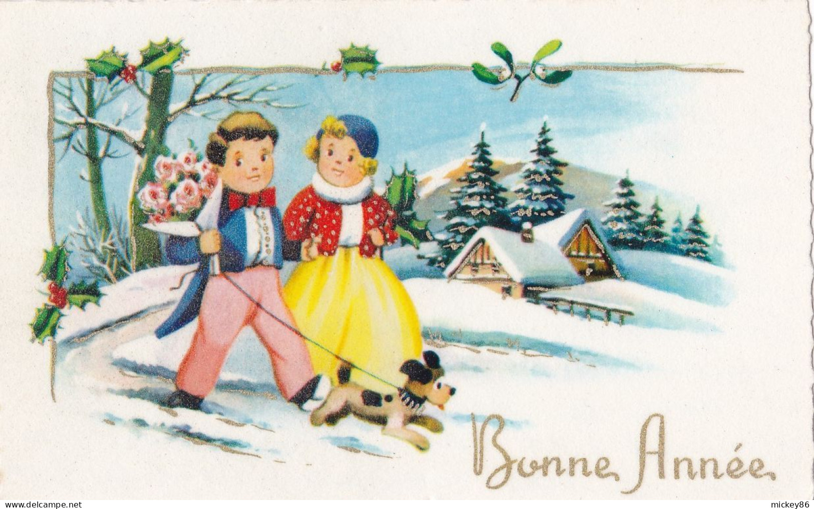 Nouvel An -Bonne Année--mignonnette (animée) -- Paysage De Neige -- Joli Couple Et Chien En Laisse - New Year