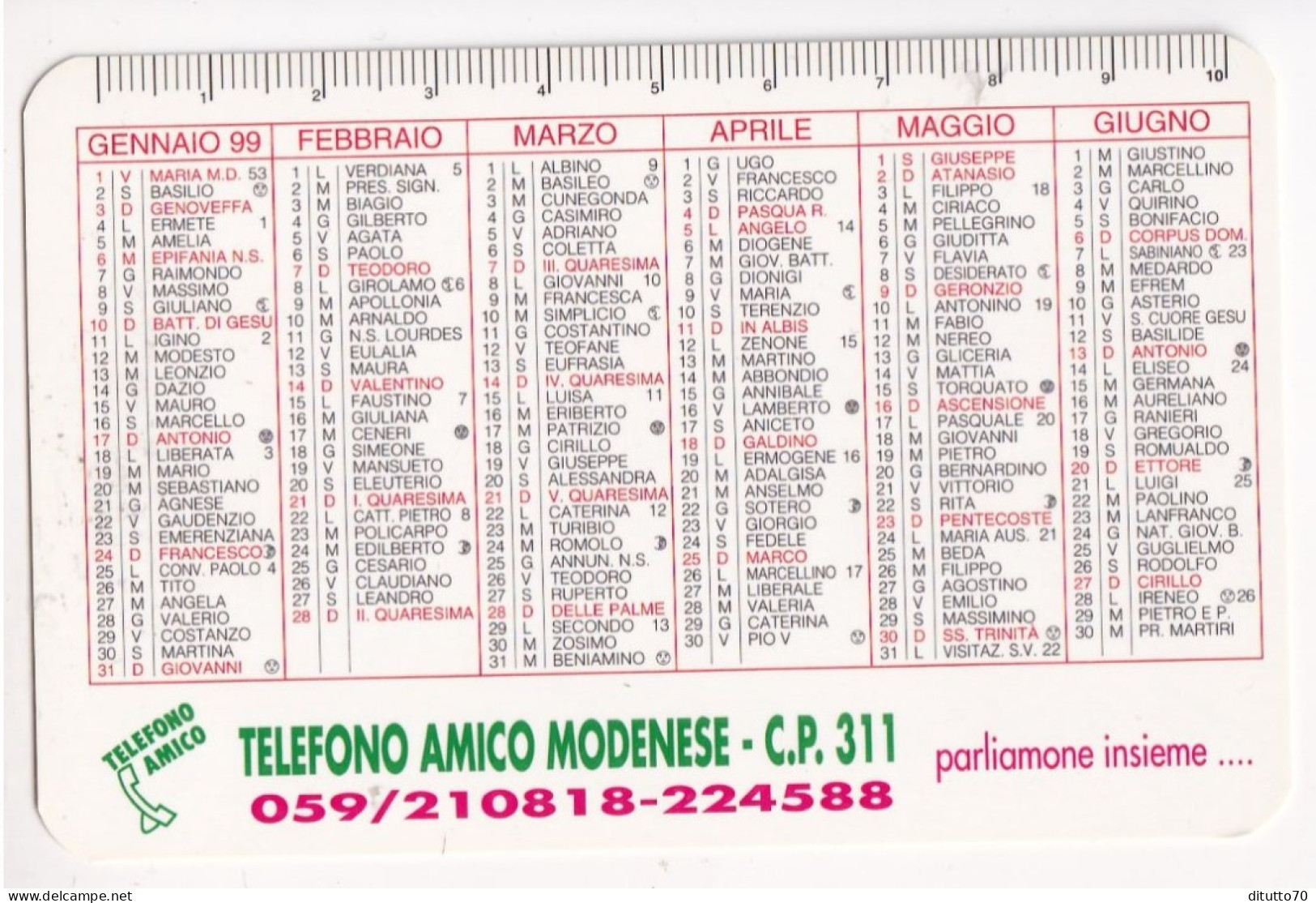 Calendarietto - Telefono Amico Modenese - Anno 1999 - Formato Piccolo : 1991-00