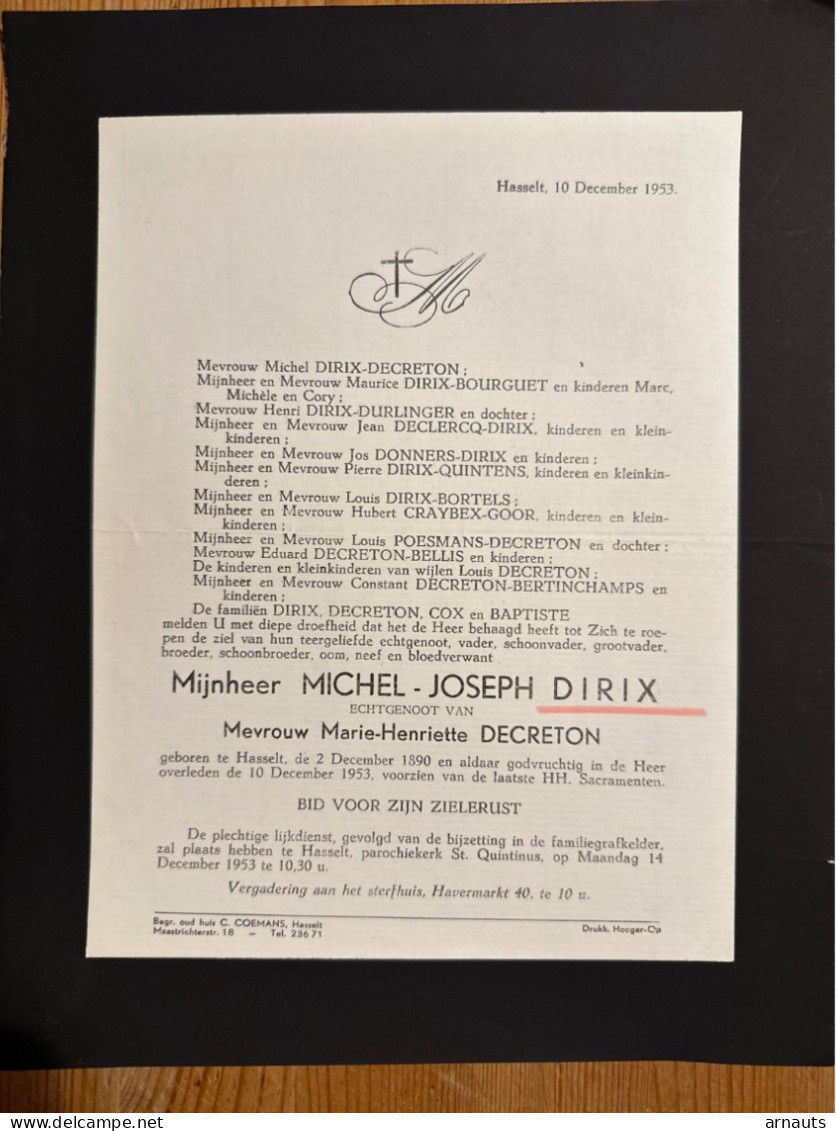 Michel-Joseph Dirix Echtg Decreton Marie-Henriette *1890 Hasselt +1953 Hasselt Cox Baptiste Donners Craybex Bellis Berti - Todesanzeige