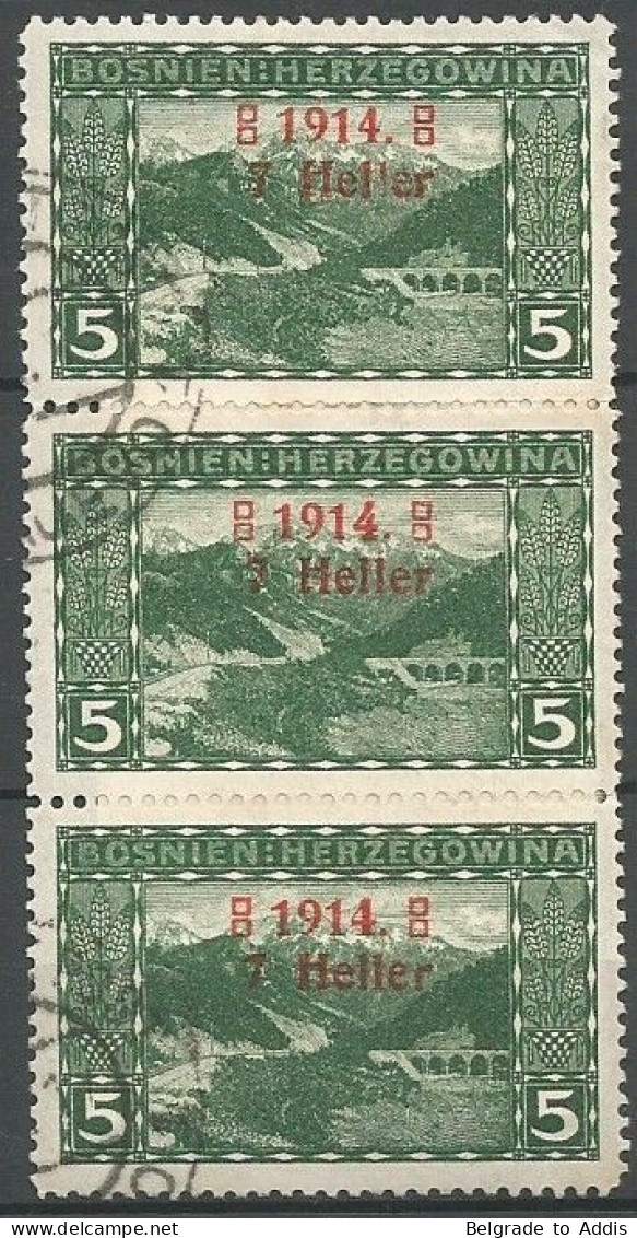 Bosnia Bosnien K.u.K. Austria Hungary Mi.89I + II + III All 3 Types Se-tenant In Strip Of 3 Used 1914 Mi.CV: 190,00€ - Bosnië En Herzegovina