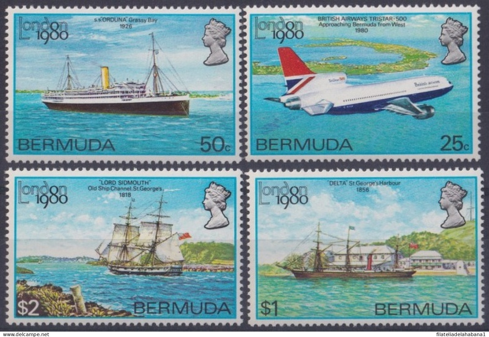 F-EX49865 BERMUDA IS MNH 1980 LONDON EXPO AIRPLANE SHIP BARCOS BOAT.  - Barcos
