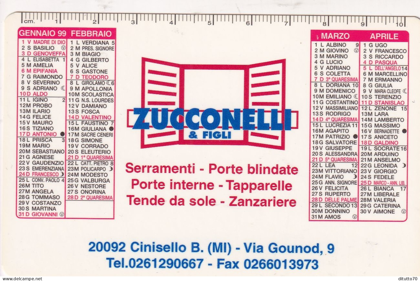 Calendarietto - Zucconelli E Figli - Cinisello B. - Milano - Anno 1999 - Tamaño Pequeño : 1991-00