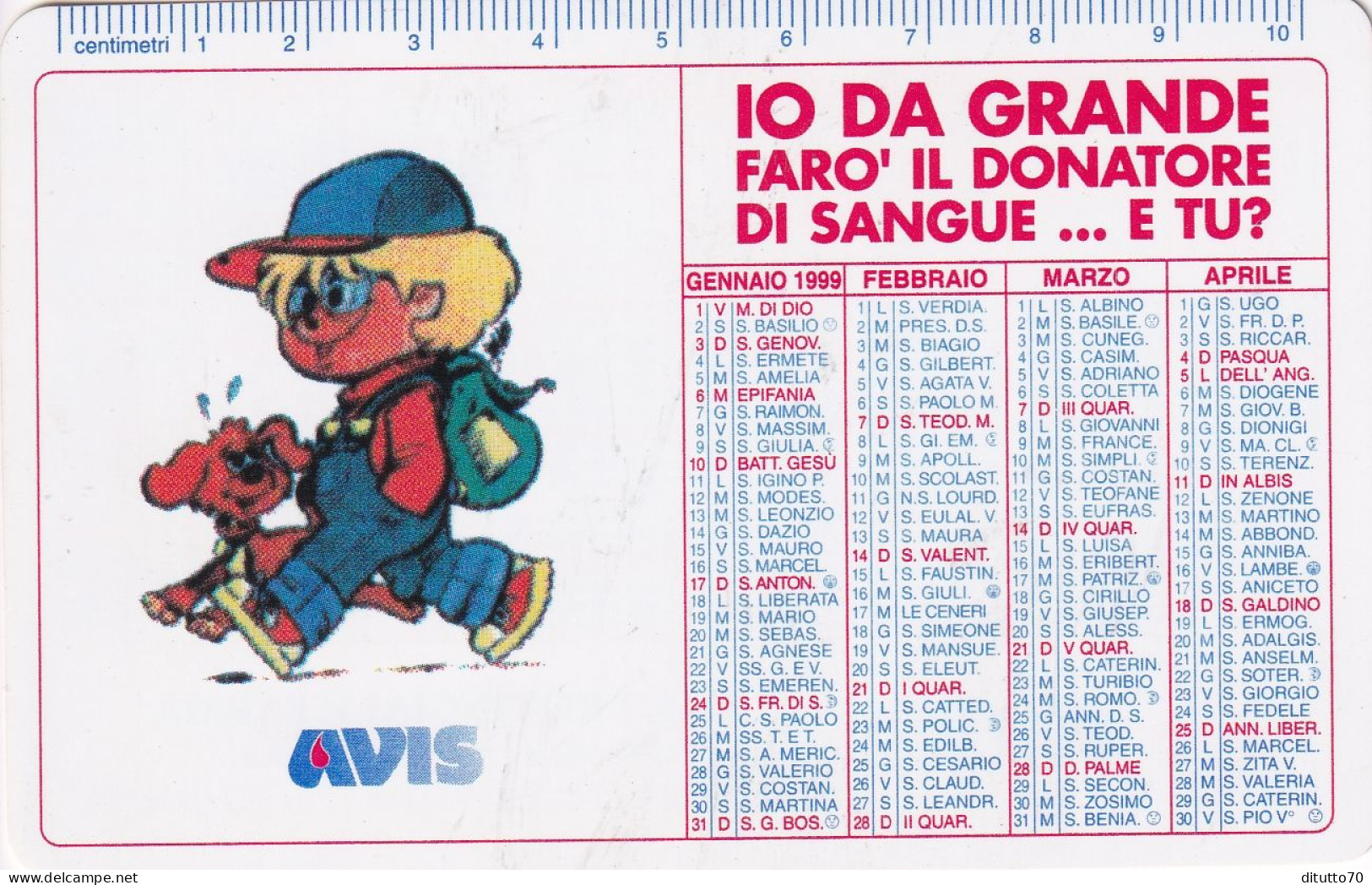 Calendarietto - AVIS - Provinciale Parma - Anno 1999 - Formato Piccolo : 1991-00