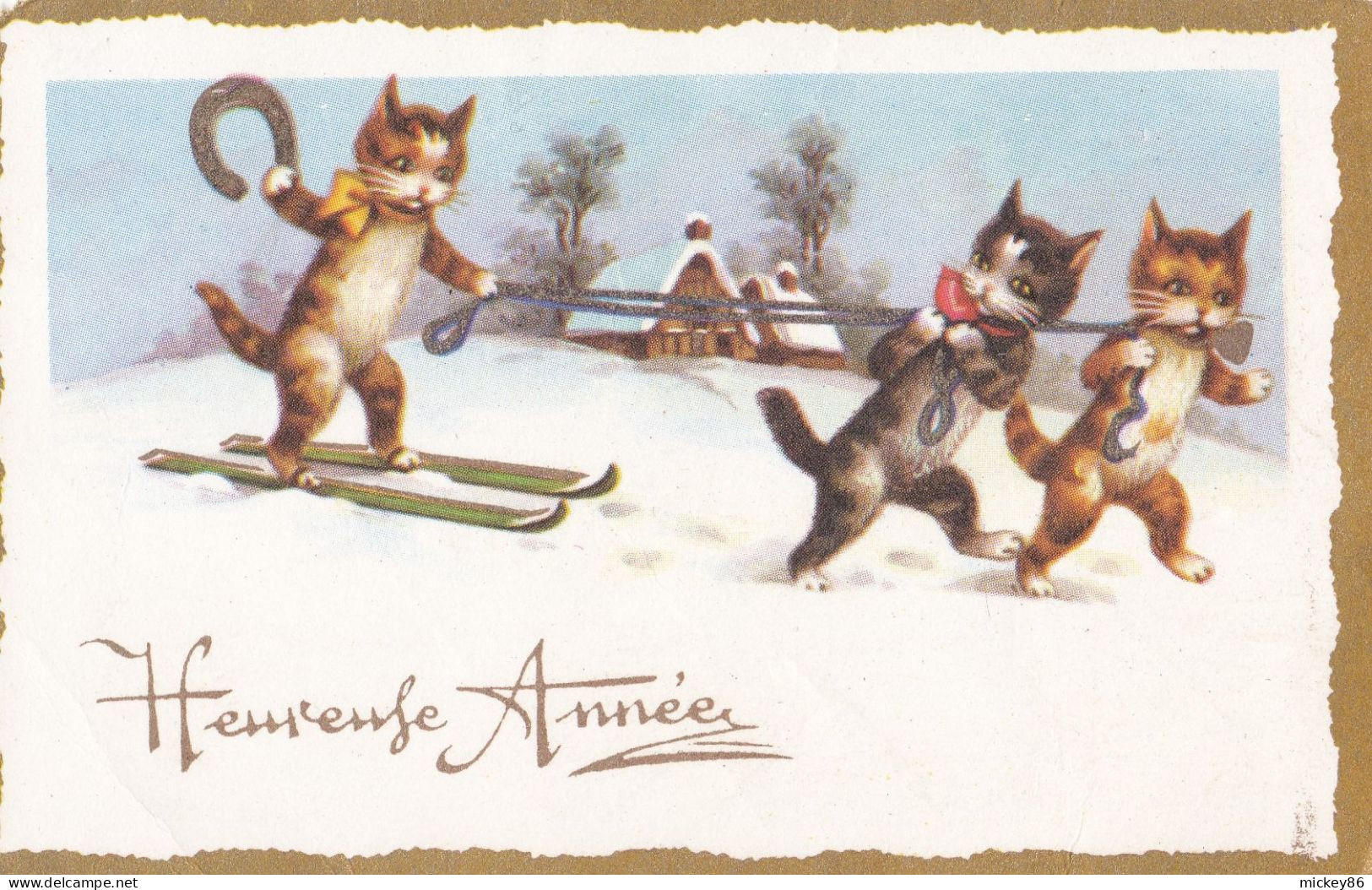 Nouvel An -Bonne Année--mignonnette (animée) -- Paysage De Neige Avec Chats Personnalisés (ski) - Nouvel An