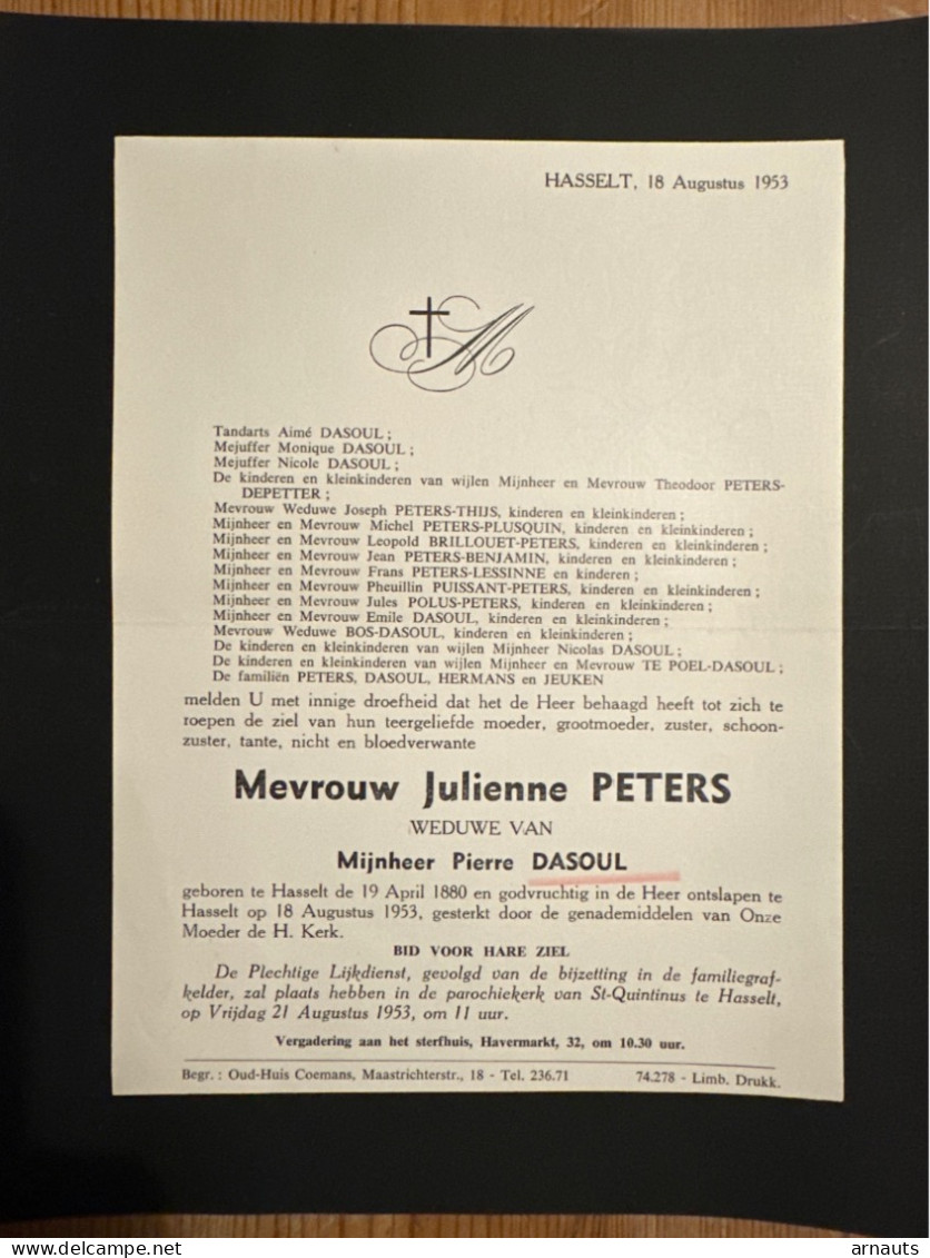 Julienne Peters Wed Dasoul Pierre *1880 Hasselt ¥1953 Hasselt Jeuken Plusquin Puissant Te Poel Brillouet Lessine - Todesanzeige