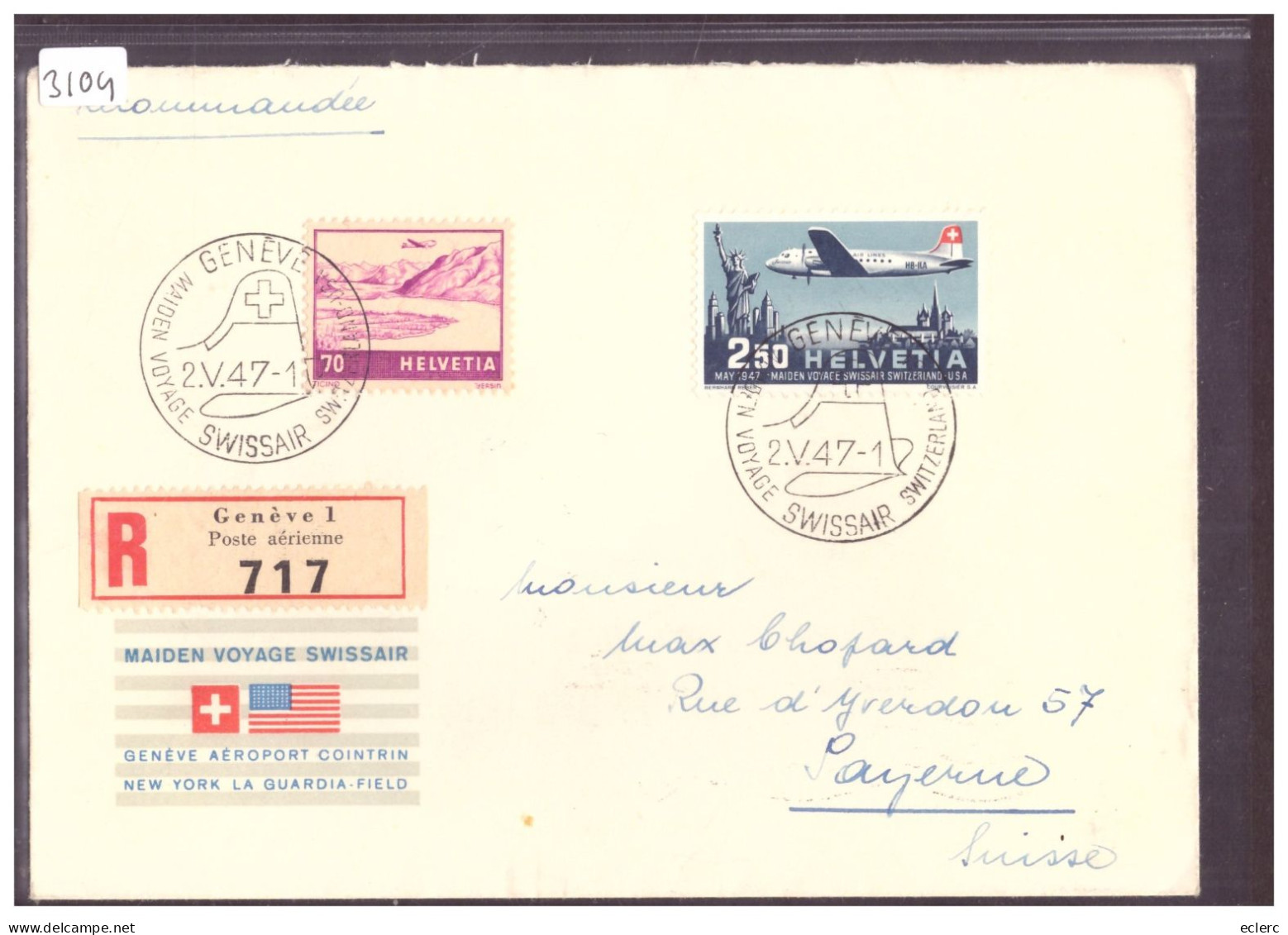 VOL SWISSAIR GENEVE NEW YORK 1947 - Erst- U. Sonderflugbriefe