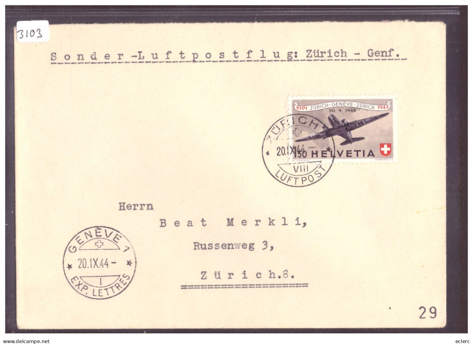 SONDER LUFTPOSTFLUG ZÜRICH GENEVE 1944 - Erst- U. Sonderflugbriefe