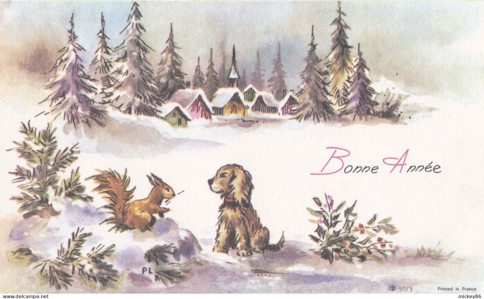 Nouvel An -Bonne Année--mignonnette Signée PL  -- Paysage De Neige Avec Chien Et écureuil - Nouvel An