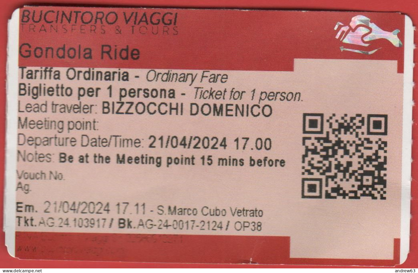ITALIA - VENEZIA - Bucintoro Viaggi - Gondola Ride - Biglietto Per 1 Persona - Ticket - Usato - Europe