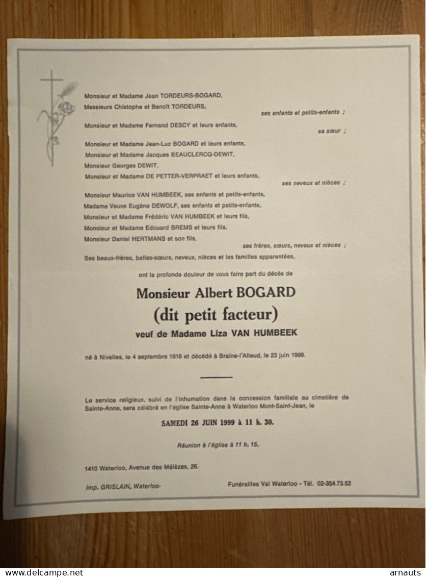 Albert Bogard Verf Liza Van Humbeek *1916 Nivelles +1999 Braine-l’Alleud Waterloo Tordeurs Dewolf Beauclercq Descy Brems - Todesanzeige