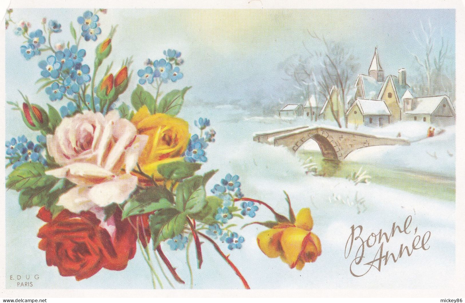 Nouvel An -Bonne Année--mignonnette -- Paysage De Neige Avec Village, Pont Et Fleurs - New Year