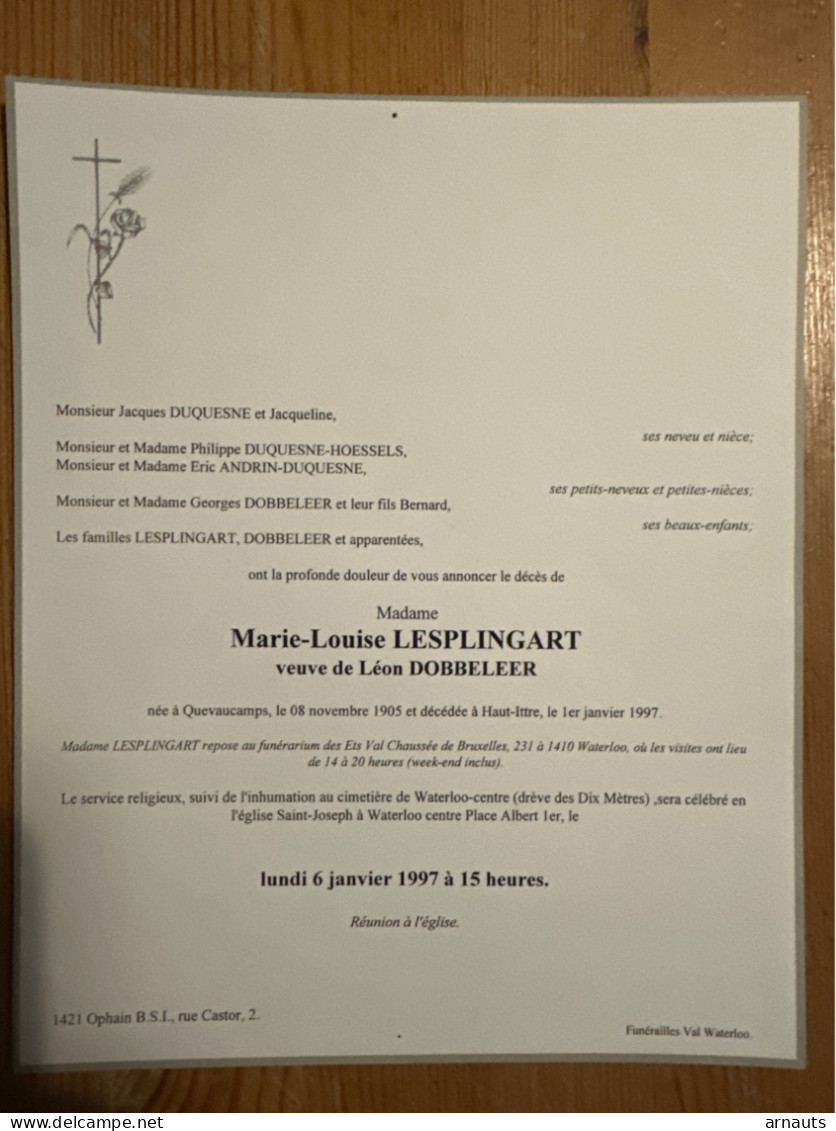 Madame Marie-louise Lesplingart Veuve Leon Dobbeleer *1905 Quevaucamps +1997 Haut-Ittre Duquesne Duquesne - Obituary Notices