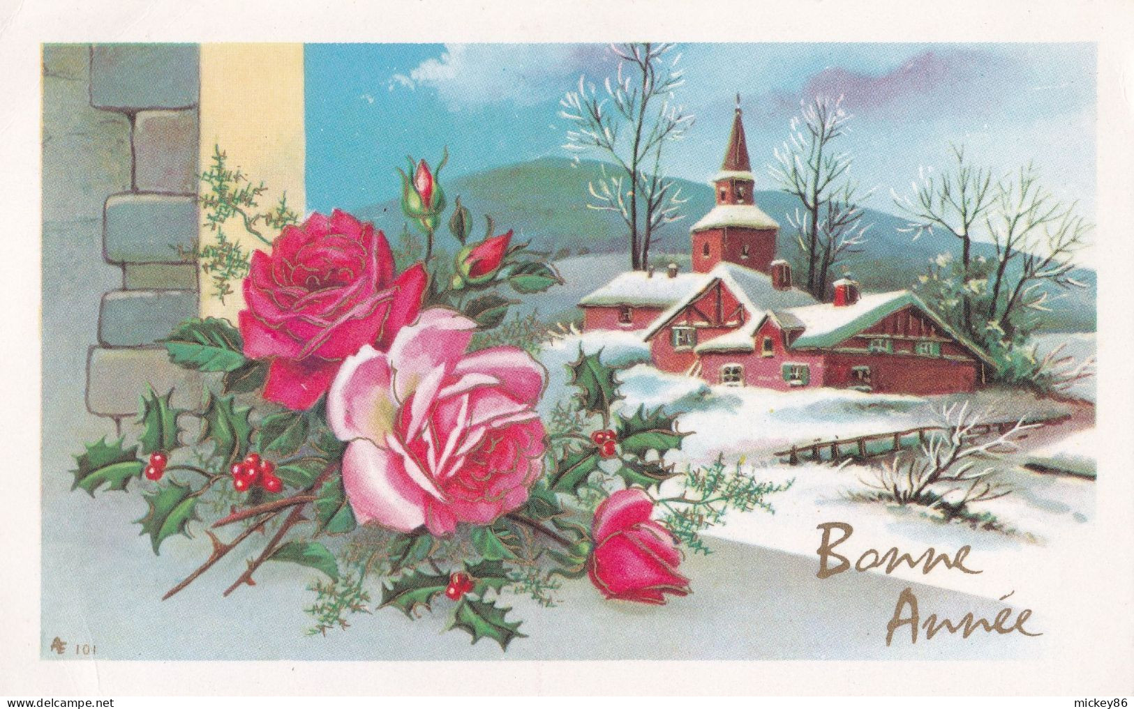 Nouvel An -Bonne Année--mignonnette -- Paysage De Neige Avec Village, Pont Et Fleurs - Nouvel An