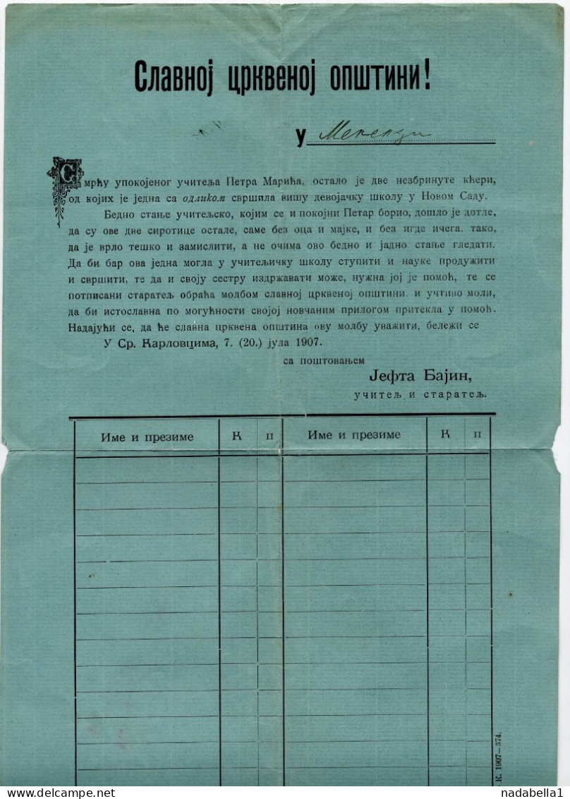 1907. HUNGARY,SERBIA,SREMSKI KARLOVCI TO MELENCE CHURCH PAROCHY,PRINTED MATTER,ASKING FOR CHARITABLE SUPORT - Cartas & Documentos