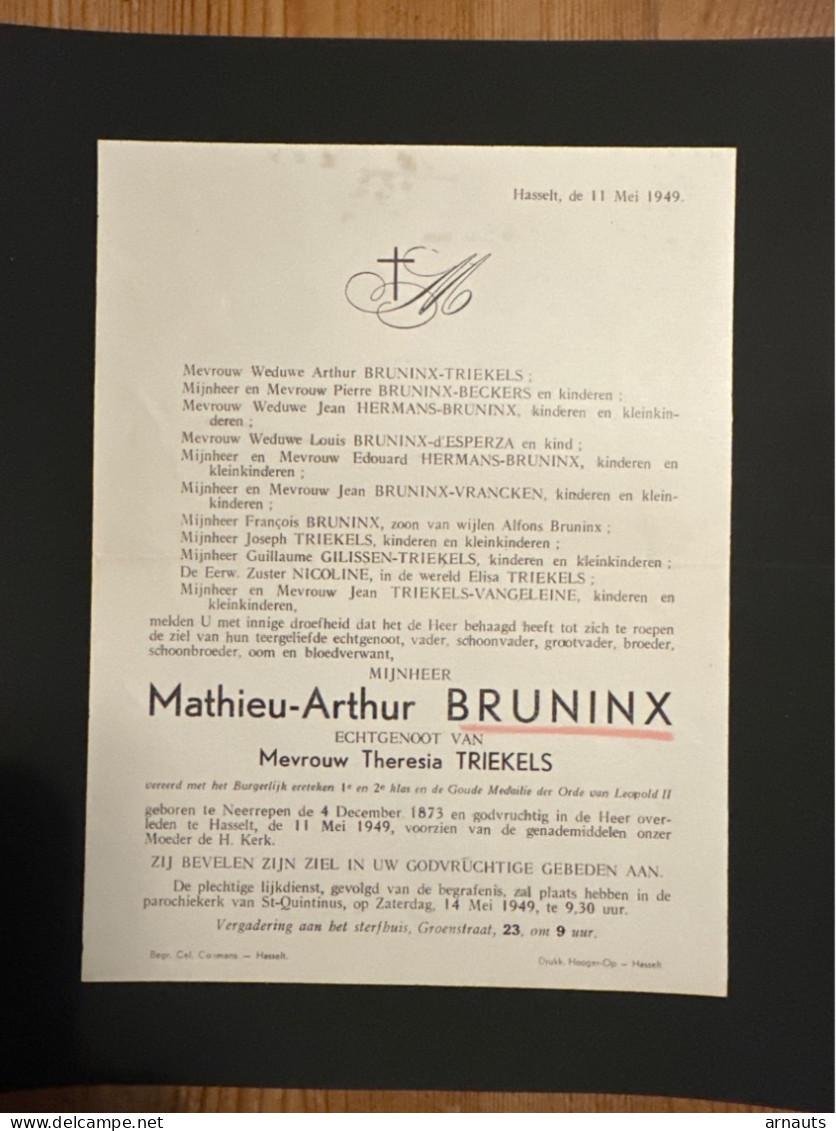 Mathieu-Arthur Bruninx Echtg Triekels Theresia *1873 Neerrepen +1949 Hasselt D’Esperanza Vangeleine Vrancken Beckers - Obituary Notices