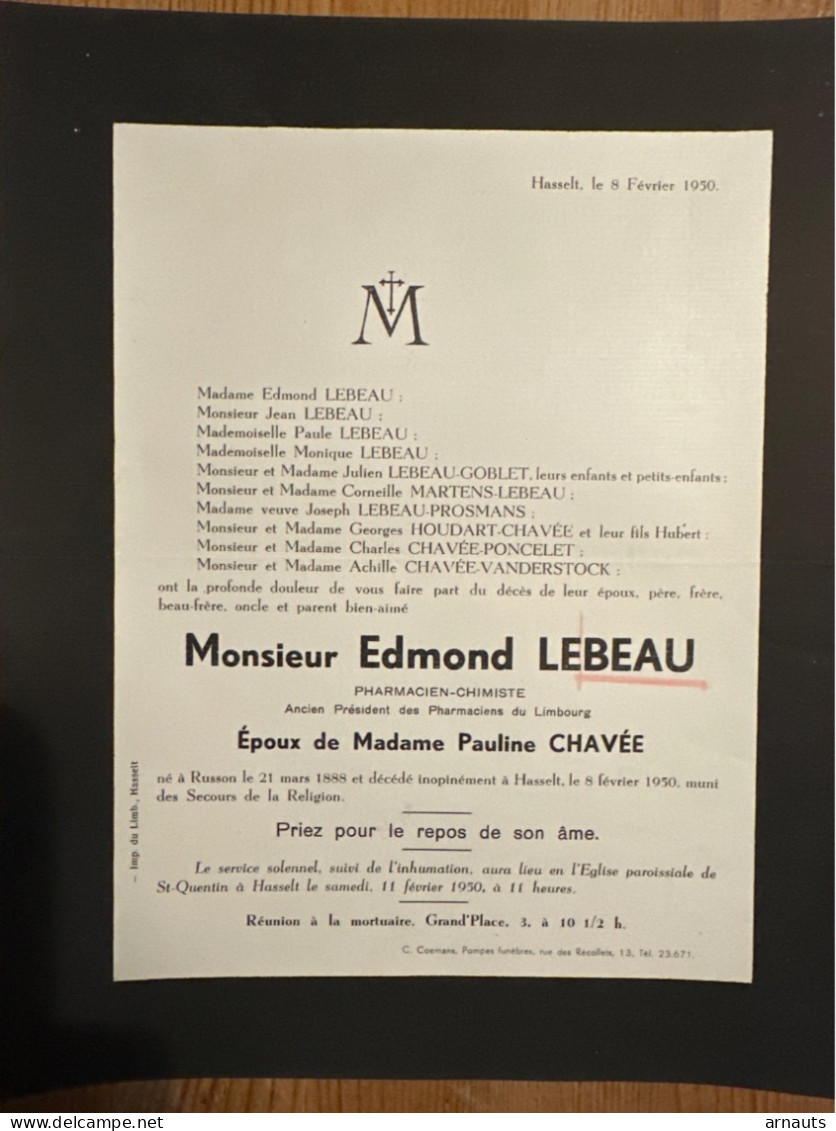 Edmond Lebeau Pharmac Ep, Chavee Pauline *1888 Russon +1950 Hasselt Prosmans Poncelet Vanderstock Goblet Martens - Todesanzeige
