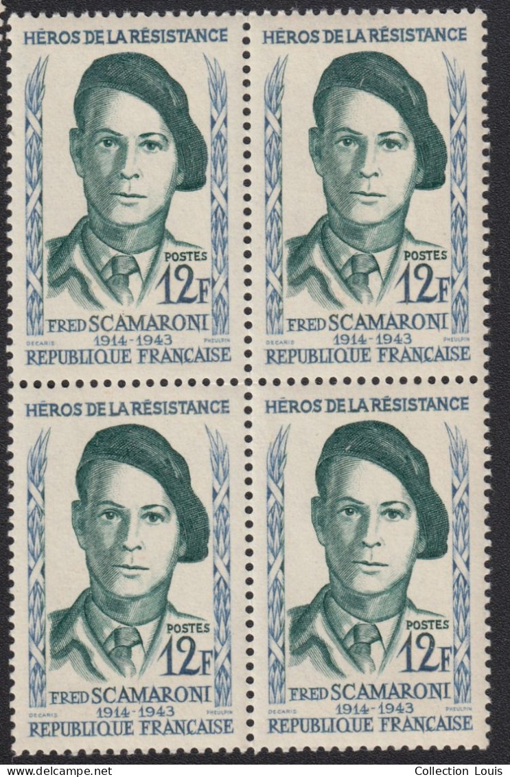 Bloc De 4 Timbres France 1958  Héros De La Résistance - Fred Scamaroni 1914 - 1943 Y&T N°1158 12F Neufs TBE - Neufs