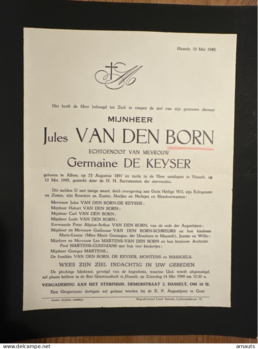 Jules Vanden Born Echtg Germaine De Keyser *1891 Alken +1949 Hasselt Montens Massoels Schreurs Cosemans - Décès