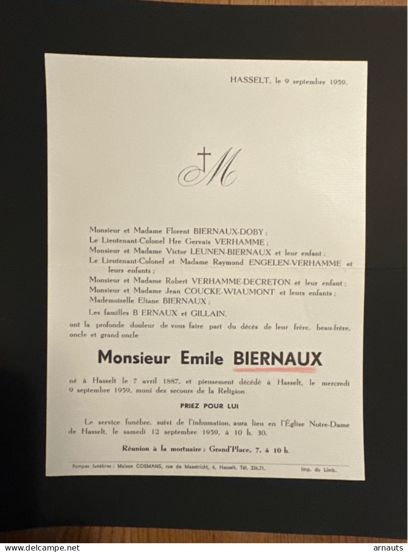 Emile Biernaux *1887 Hasselt +1959 Hasselt Doby Leunen Engelen Verhamme Decreton Coucke Wiaumont Gillian - Todesanzeige