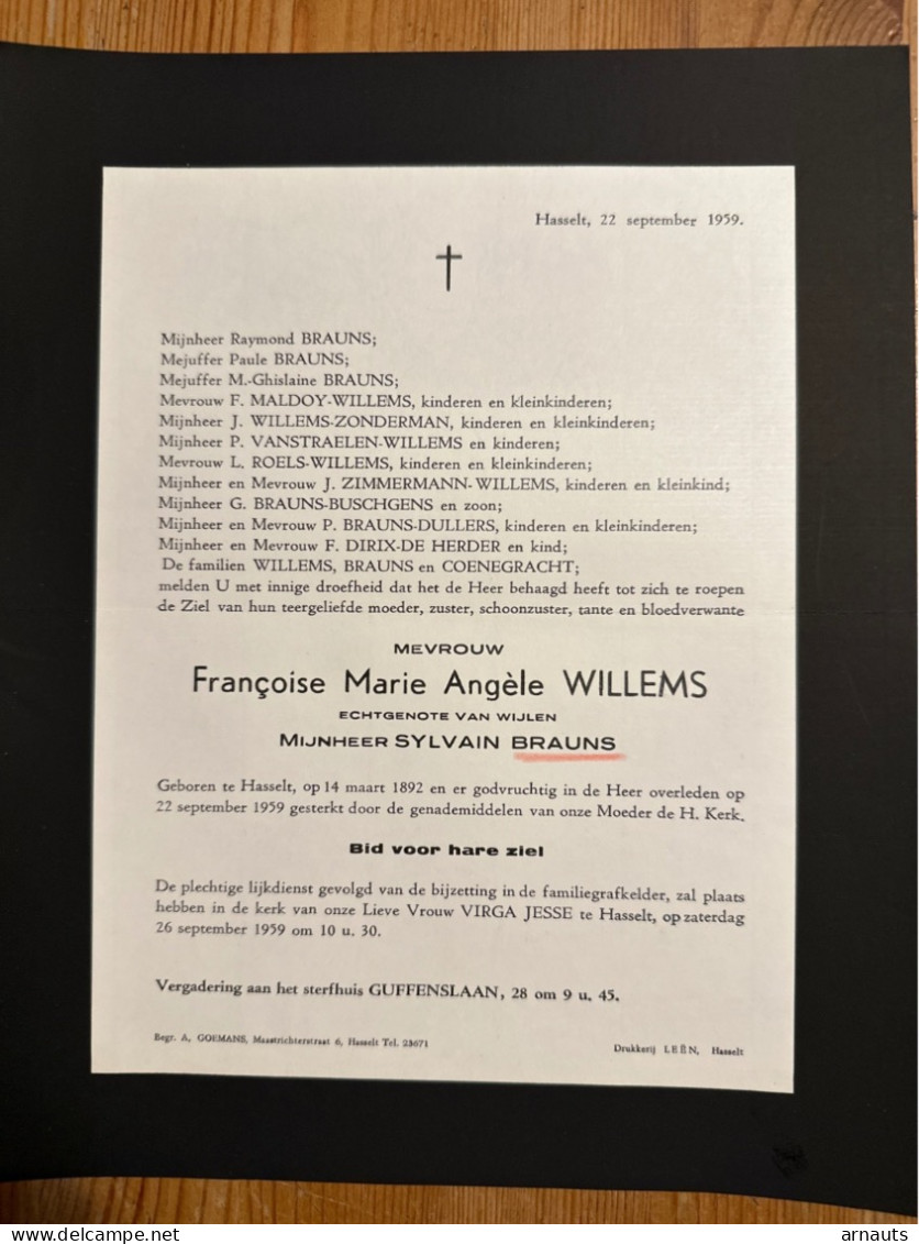 Françoise Willems Echtg Brauns Sylvain *1892 Hasselt +1959 Hasselt Coenegracht Maldoy Zonderman Roels Buschgens De Herde - Obituary Notices