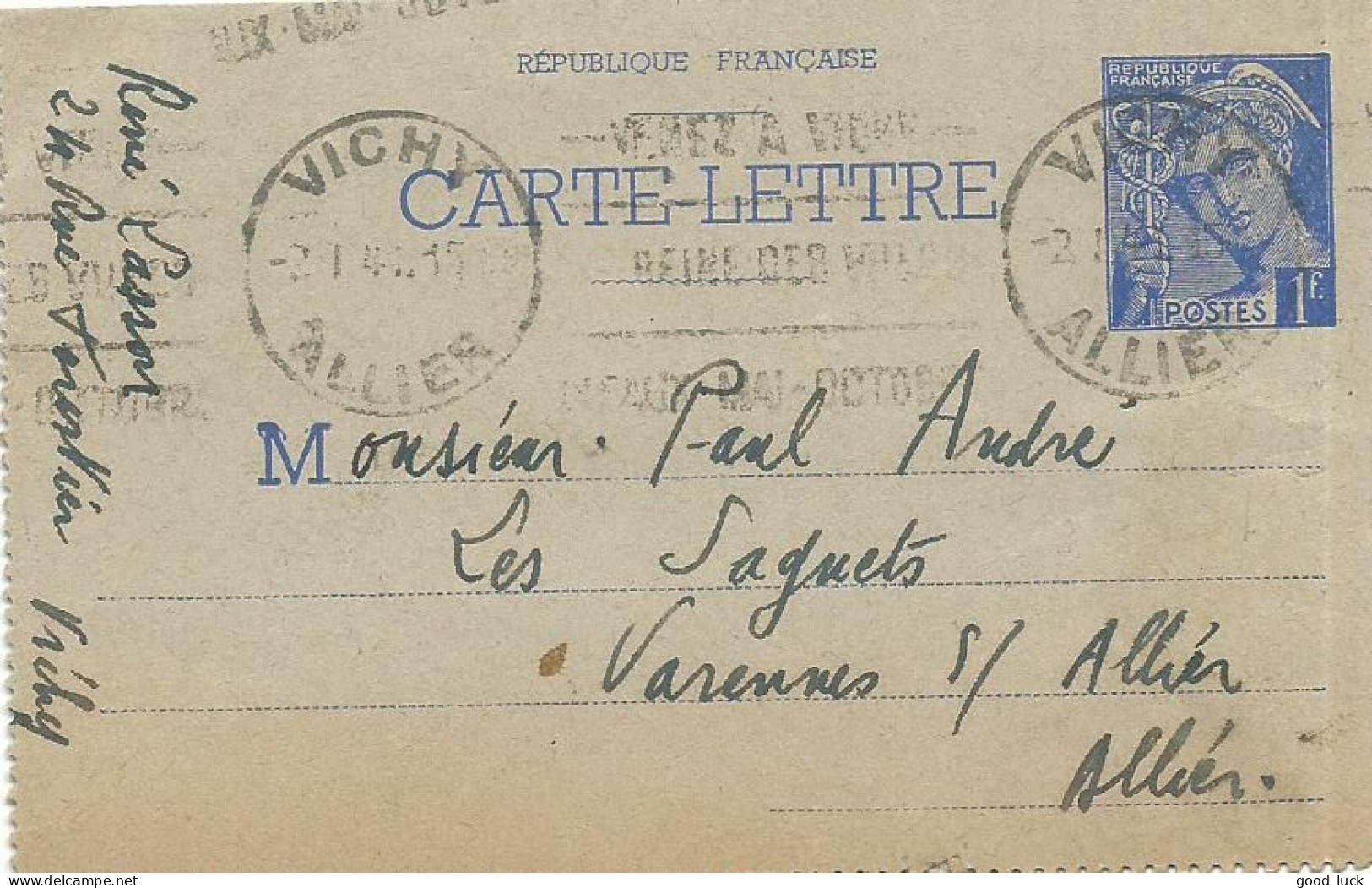 FRANCE CARTE 1F VICHY ( ALLIER ) POUR VARENNES SUR ALLIER DE 1915 LETTRE COVER - Tarjetas Cartas