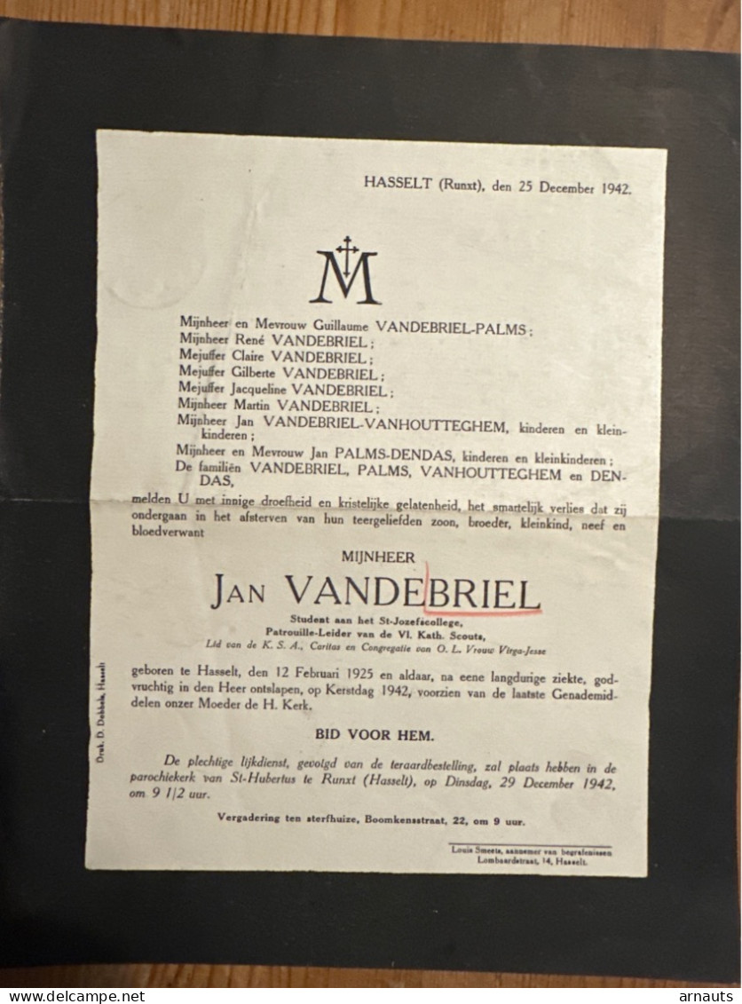 Jan Vandebriel Srudent St Jozefscollege Patrouille Leider Scouts *1925 Hasselt +1942 Hasselt Palms Vanhoutteghem Dendas - Obituary Notices