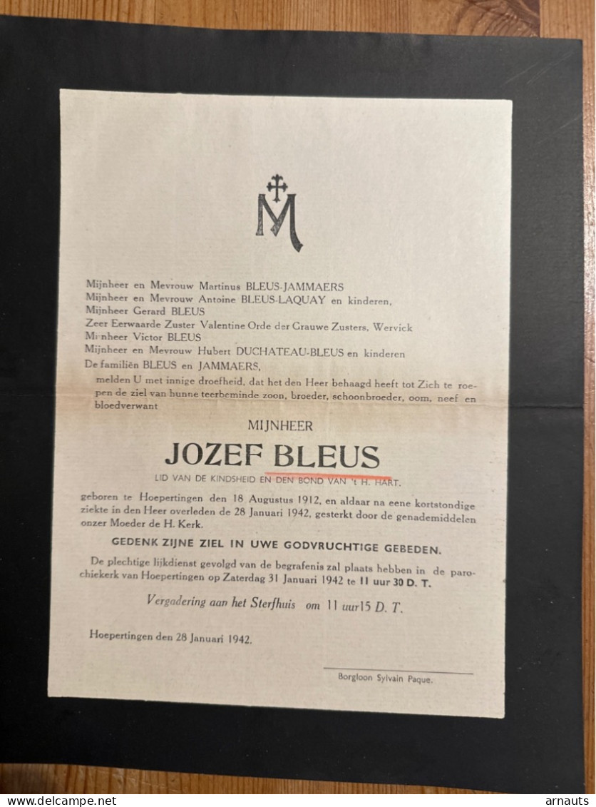 Mijnheer Jozef Bleus *1912 Hoepertingen +1942 Hoepertingen Druk Borgloon Jammaers Laquay Wervik Duchateau - Décès