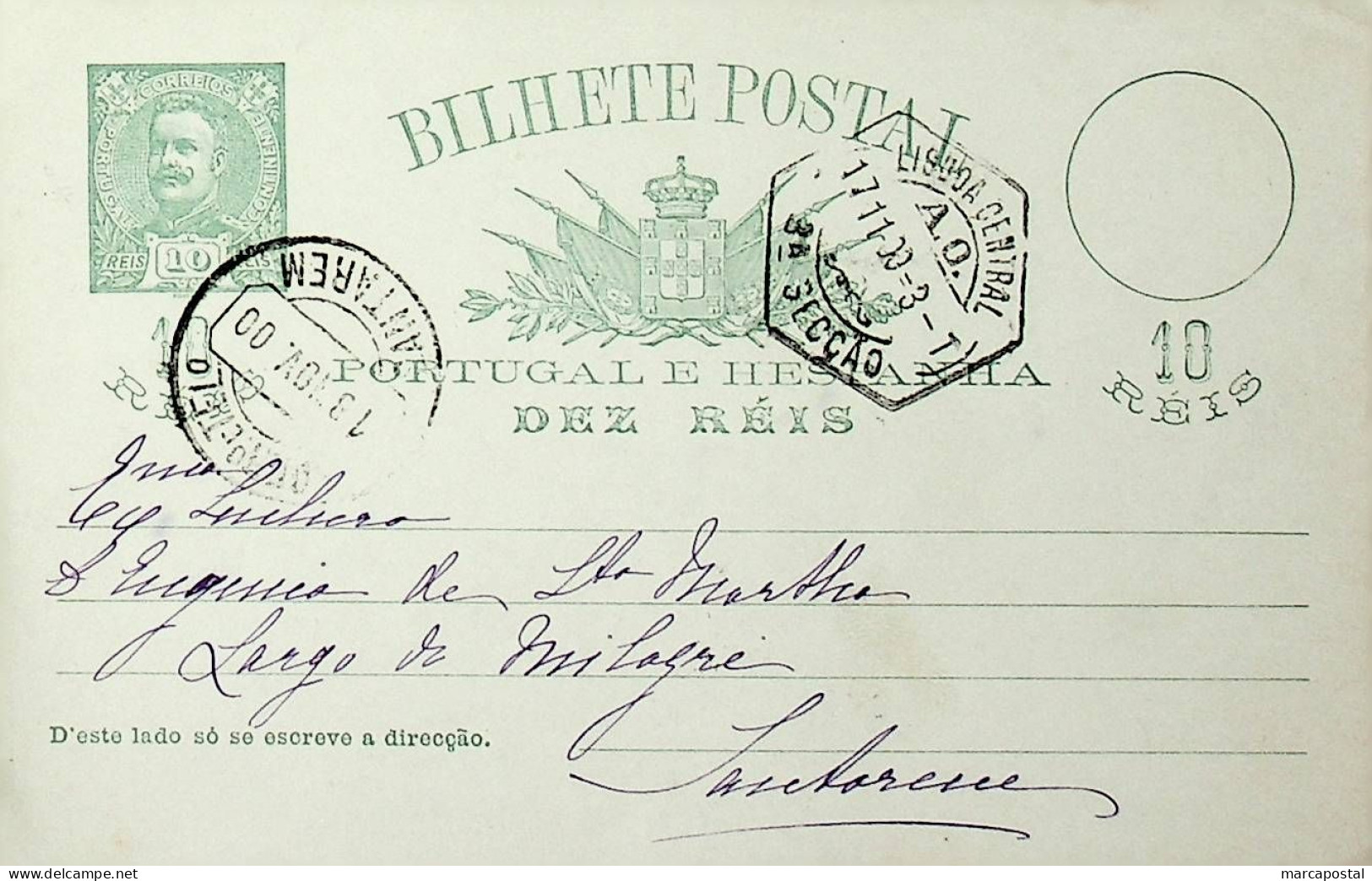 1900 Portugal Bilhete Postal Inteiro D. Carlos I 10 + 10 R. Verde Enviado De Lisboa Para Santarém - Postal Stationery