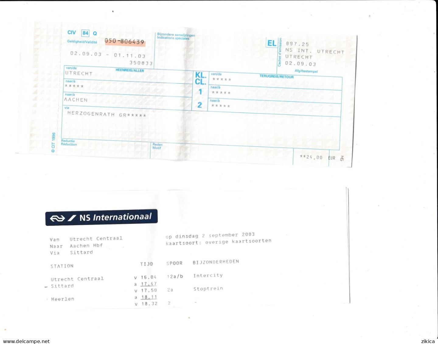 Railway Ticket - NS International - Netherlands / Holland - Europe