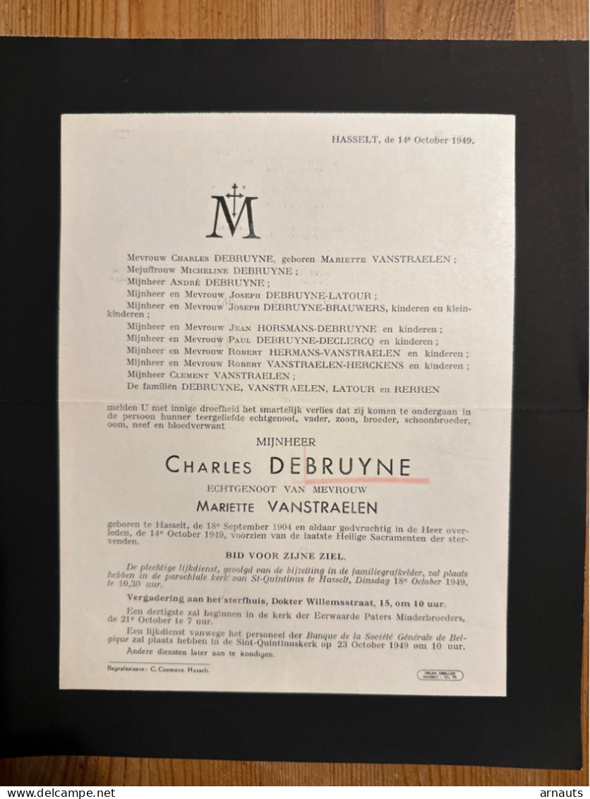 Charles Debruyne Echtg Mariëtte Vanstraelen *1904 Hasselt +1949 Hasselt Latour Horsmans Herckens Brauwers Rerren - Obituary Notices