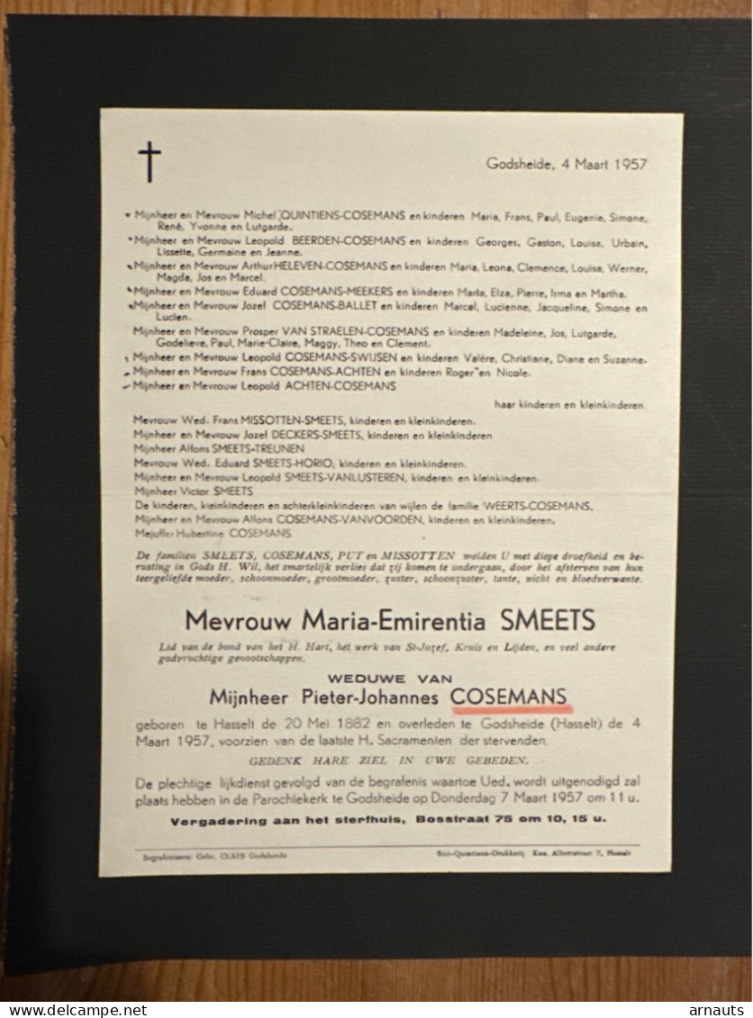 Maria-Emirentia Smeets Wed Cosemans Pieter-Johannes *1882 Hasselt +1957 Godsheide Hasselt Missotten Beerden Ballet Horio - Obituary Notices