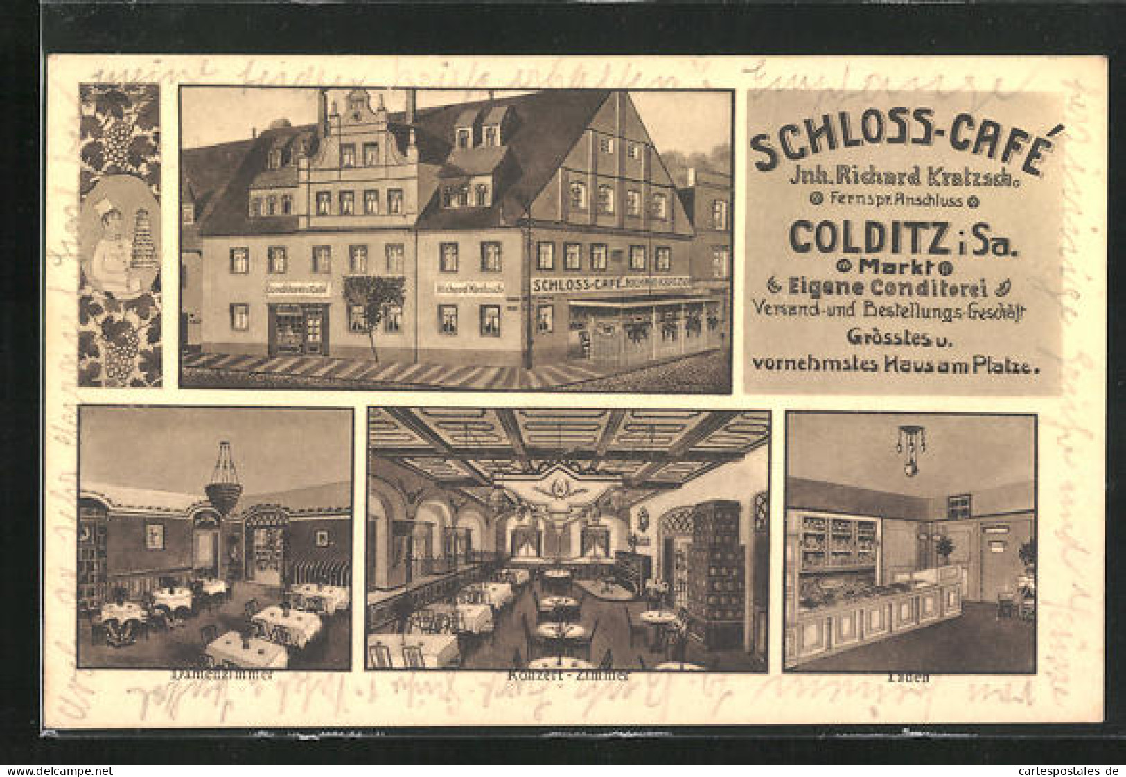 Künstler-AK Colditz I. Sa., Schloss-Café, Innenansichten Damenzimmer & Konzert-Zimmer  - Colditz