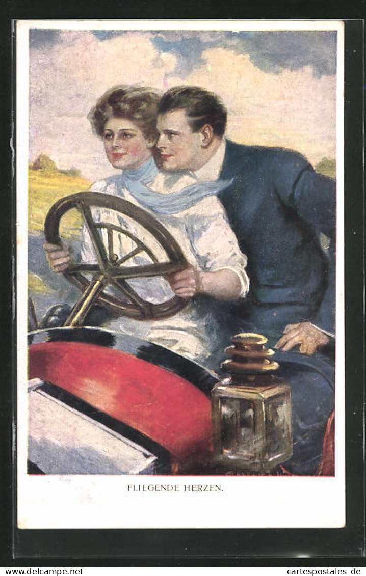 Künstler-AK Clarence F. Underwood: Fliegende Herzen, Paar In Einem Auto  - Underwood, Clarence F.