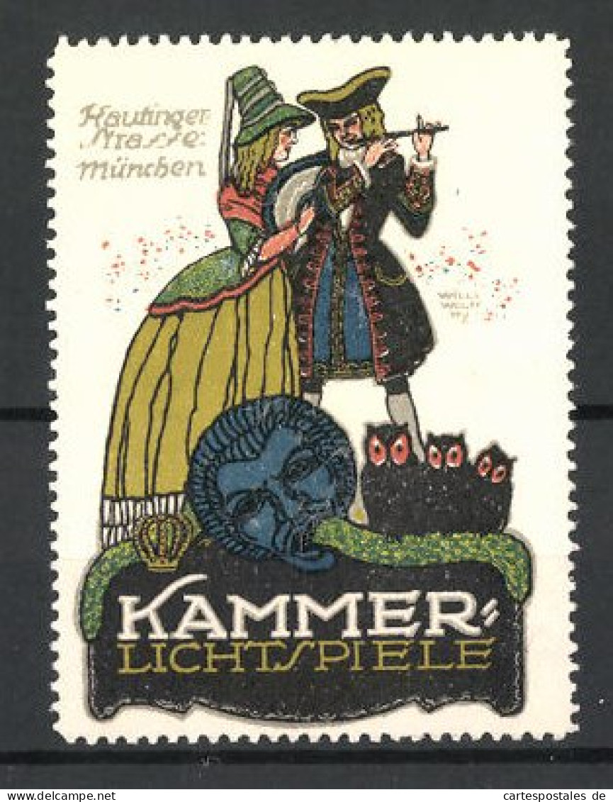 Künstler-Reklamemarke Willi Wolff, Kammer-Lichtspiele, Kautingerstrasse, München, Barock Gekleidetes Paar & Eulen  - Erinnophilie