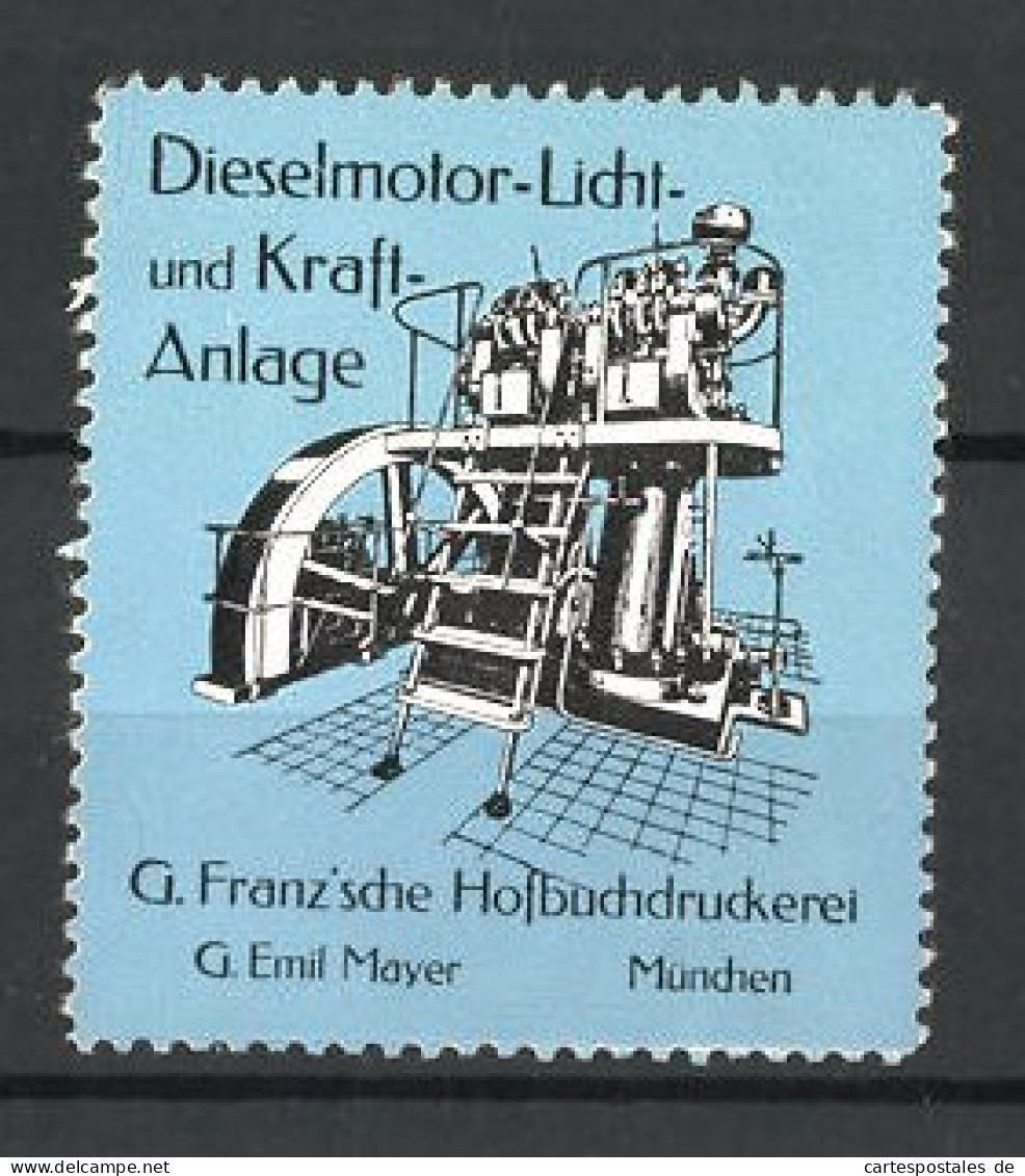 Reklamemarke Hofbuchdruckerei G. Franz, München, Dieselmotor-Licht Und Kraft-Anlage  - Cinderellas