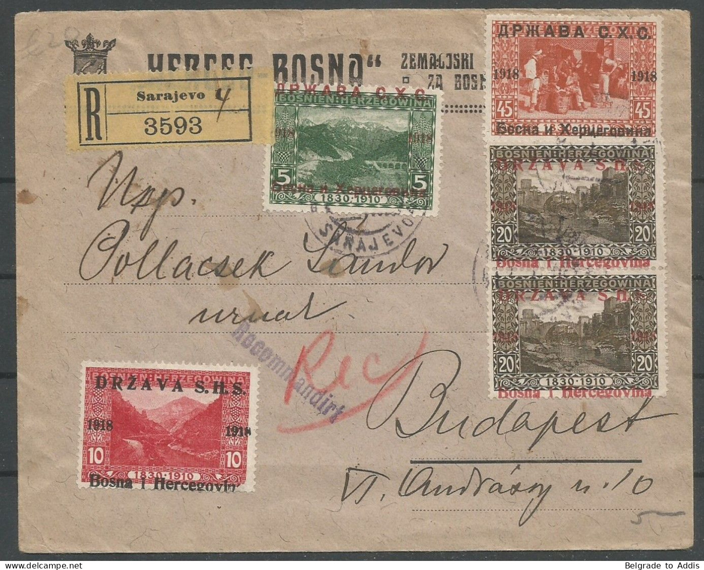 Yugoslavia Kingdom SHS Bosnia Jugoslawien Registered Letter Sent From Sarajevo To Budapest Hungary 1919 - Brieven En Documenten